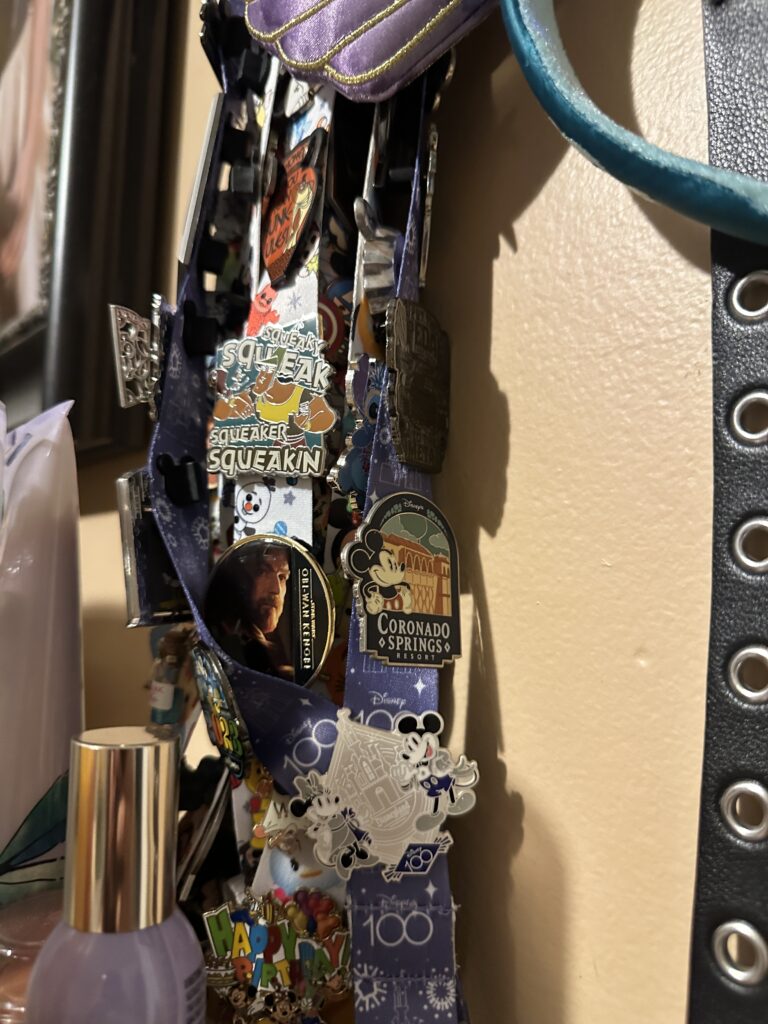 The collection of pins cast member, Natalie Flores, has gathered displayed on her Disney lanyard.